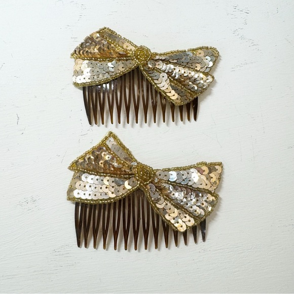 Set of Two Vintage Hair Brown Comb Gold Tone Beaded Sequin Bow - Picture 2 of 6